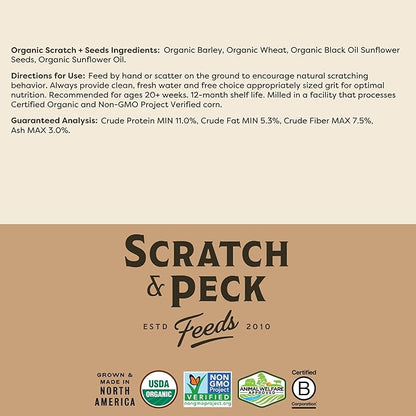 Scratch and Peck Scratch + Seeds Chicken and Duck Treat - 10 lbs Bag - 11% Protein, Certified Organic and Non-GMO Project Verified Chicken Food
