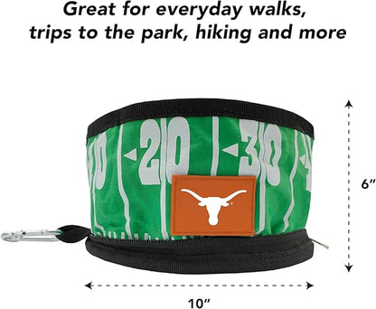 Pets First NCAA Texas Longhorns Collapsible Dog Travel Bowl, Food and Water Bowl for Dogs & Cats. Lightweight Leak-Proof Pet Bowl for Travel with Football Field & Pebble-Grain Design