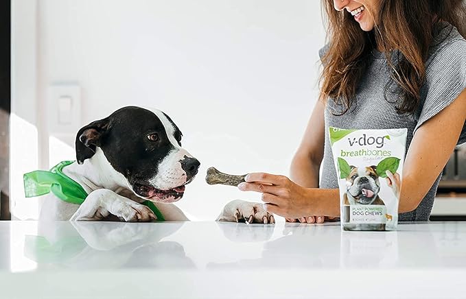 V-dog Dog Treats - Vegan Breathbone Teeth Cleaning Dental Bones - Fresh Breath - 8 Ounces - Minis - All Natural, Made in USA - 10 Bones - 3" Long - Easy to Digest (Pack of 3)