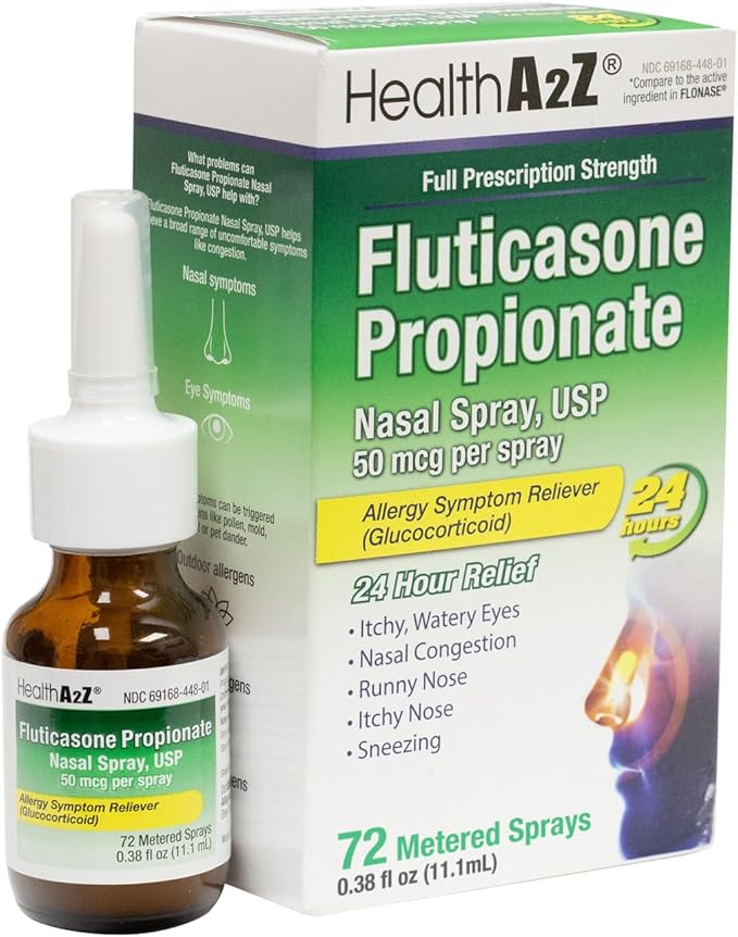 HealthA2Z® Fluticasone Propionate Nasal Spray | 50 mcg per Spray | 24 Hour Allergy Relief | 72 Sprays | 0.38 fl oz. (11.1mL) | Nasal Decongestant | Non-Drowsy | Allergy Relief Spray