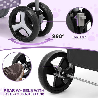 MoNiBloom 3 in 1 Foldable Pet Stroller for Small & Medium Dogs, Detachable Carrier, Car Seat, Push Button Entry, 4-Wheel Jogger for Pets up to 33 lbs, Purple Polka Dots