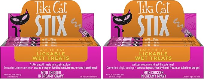 Tiki Cat Stix Mousse Treats, Single Serve Indulgent Lickable Treat or Dry Food Topper, with Chicken in Creamy Gravy, 0.5 oz. Servings (Pack of 40)