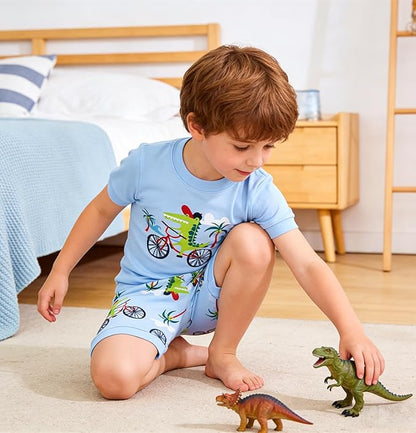 Popshion Boys Pajamas 100% Cotton Toddler Clothes Summer Pjs for Boy Planet Dinosaur Sleepwear Kids Short Sets 2-10 Years