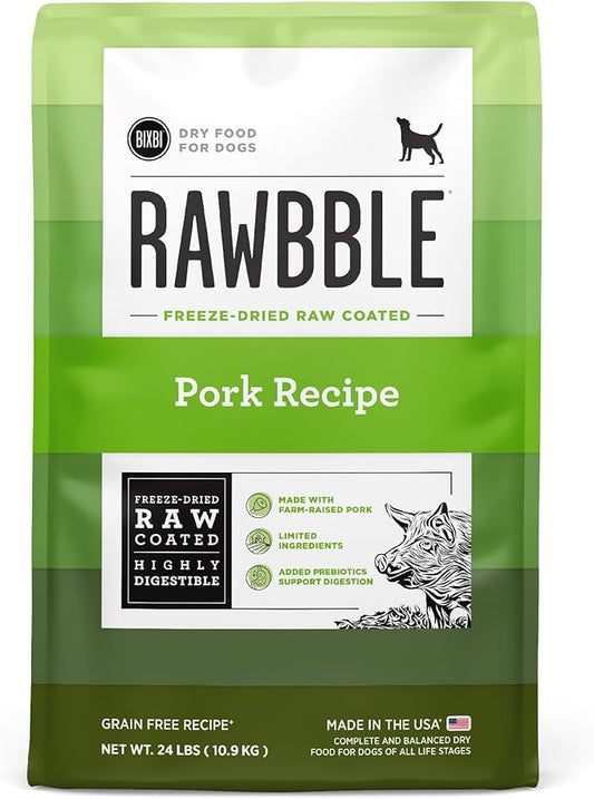 BIXBI Rawbble Freeze-Dried Raw Coated Dog Food, Pork – Fresh Meat, No Meat Meals, Grain-Free – USA Made, 24 lbs