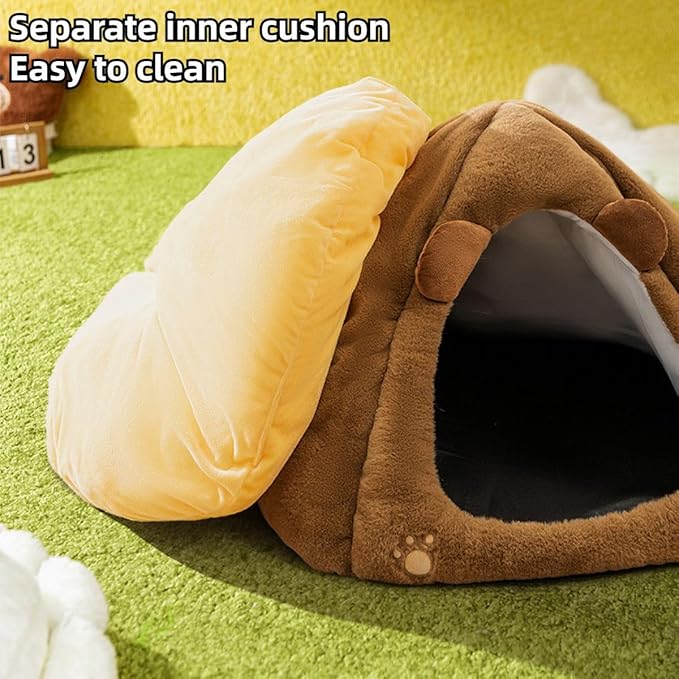 Cat House, Cat Beds with Removable Cushion for Indoor Cats, Pet Cat Litter Large Yurt, Cat Beds for Indoor Easy to Clean Cat Bed Cave,Self Heating Cat Pad (Yellow,Medium)