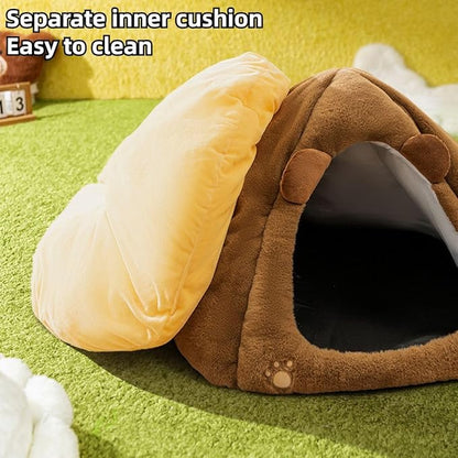 Cat House, Cat Beds with Removable Cushion for Indoor Cats, Pet Cat Litter Large Yurt, Cat Beds for Indoor Easy to Clean Cat Bed Cave,Self Heating Cat Pad (Yellow,Medium)