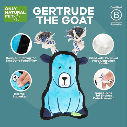 Only Natural Pet Mountain Friends Recycled Plush Dog Toys - Durable Double-Stitched Design with Internal Squeaker & Rope Tug Horns - Stuffed Toy for Dogs, Squeaky Pet Toy | Gertrude The Goat, 5" x 9"