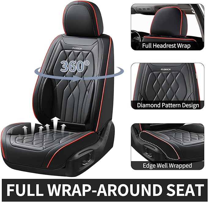 FLORICH Car Seat Covers Front Seat Covers Waterproof Leather Car Seat Protector Universal Fit Most Automotive, SUV, Truck (Black Seat Covers with Red Stitching, 2 Front Set)