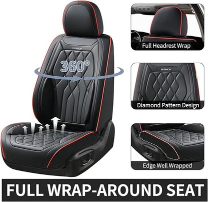 FLORICH Car Seat Covers Front Seat Covers Waterproof Leather Car Seat Protector Universal Fit Most Automotive, SUV, Truck (Black Seat Covers with Red Stitching, 2 Front Set)