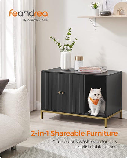 Feandrea Cat Litter Box Enclosure, Hidden Litter Box Furniture with Scratch Pad, Front Entry, Double Cabinet Doors, Modern Style, 31.5" Cat House Washroom Side End Table, Black and Gold