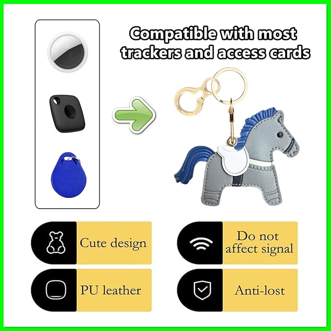 Leather Keychain Holder Case Compatible with AirTag,Cute Protective Cover with Keyring,Anti-Scratch Finder GPS Tracker Case for Wallet Keys,bag,pets,Backpack(Horse D)