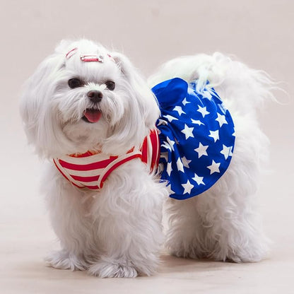 PUPTECK Print Dog Dress Pet Apparel for 4th of July with Cute Bowtie Puppy Clothes Outfit, Flag, XS
