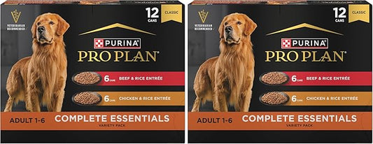 Purina Pro Plan Complete Essentials Wet Dog Food Chicken and Rice Entree and Beef-and Rice Entree Variety Pack - 13 oz. Cans,(Pack of 24)