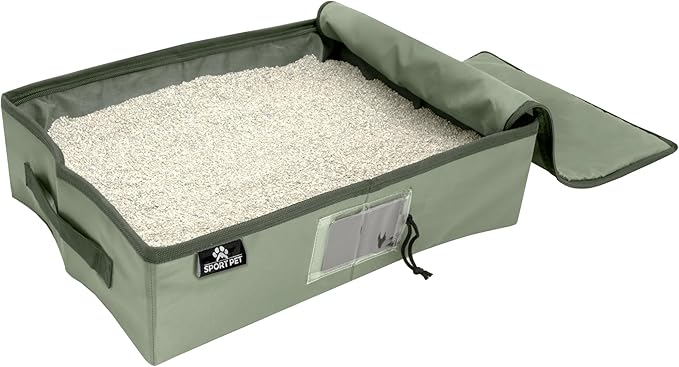 SportPet Designs Portable Travel Litter Box for Cats, Large Collapsible Litter Box with Zippered Lid, Water-Resistant & Leak-Resistant Cat Litter Tray for Travel, Green