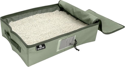 SportPet Designs Portable Travel Litter Box for Cats, Large Collapsible Litter Box with Zippered Lid, Water-Resistant & Leak-Resistant Cat Litter Tray for Travel, Green