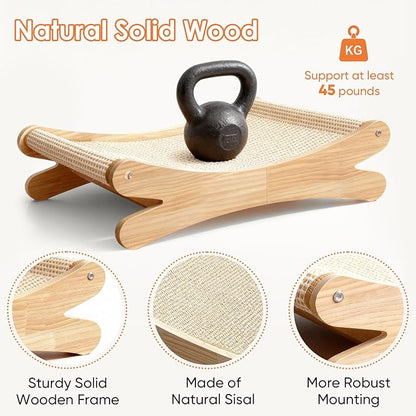 Natural Sisal Cat Scratcher Bed with Hammock – Solid Wood Furniture Style, Extra Large Cat Lounger & Scratch Pad for Indoor Cats, Protects Furniture