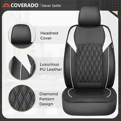Coverado Car Seat Cover, Car Seat Covers Front Seats, Waterproof Car Seat Covers, Car Seat Cushion, Front Seat Covers Faux Leather Driver Car Seat Protector Fit for Most Cars Trucks SUV, Black&White