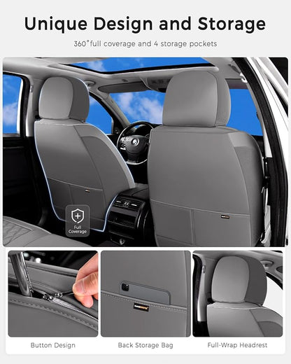 Huidasource Gray Front Seat Covers, Car Seat Covers Front Seats Nappa Leather, Side Elastic Fabric, Compatible with Airbags, Seat Belts, Universal Fit for Most Cars Vans Trucks SUVs (Front Pair/Gray)