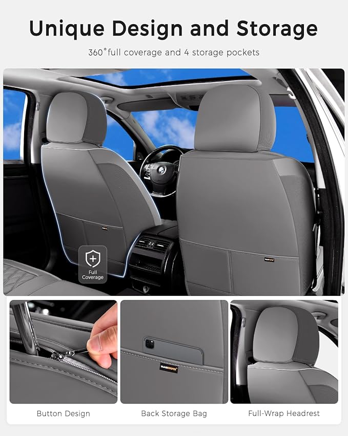Huidasource Gray Seat Covers Full Set, Gray Seat Covers 5 Seats Waterproof Nappa Leather, Universal Fit for Most Cars,Van,Truck, SUV, Honda Civic Nissan Compass Sentra Focus Explorer(Full Set/Gray)