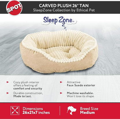 SPOT Sleep Zone Faux Suede Carved Plush Lounger, Cuddler, Napper Dog Bed - Fabric Bottom - 26X21 Inches/Tan/Attractive, Durable, Comfortable, Washable