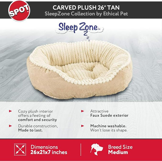 SPOT Sleep Zone Faux Suede Carved Plush Lounger, Cuddler, Napper Dog Bed - Fabric Bottom - 26X21 Inches/Tan/Attractive, Durable, Comfortable, Washable