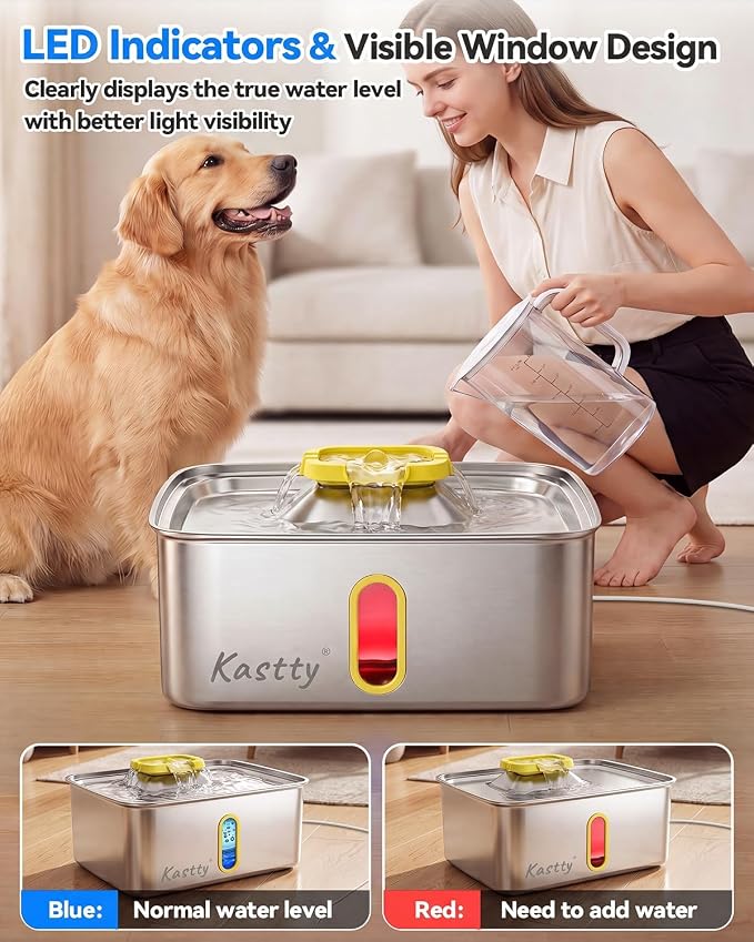 Kastty 15L/4 Gal Stainless Steel Dog Water Fountain, Large Capacity Dog Water Bowl Dispenser with Visual Window & LED Light 5-Stage Filtration,Ultra Quiet Pet Water Fountain Easy Clean(FS78,Yellow)
