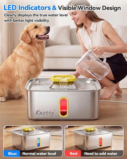 Kastty 15L/4 Gal Stainless Steel Dog Water Fountain, Large Capacity Dog Water Bowl Dispenser with Visual Window & LED Light 5-Stage Filtration,Ultra Quiet Pet Water Fountain Easy Clean(FS78,Yellow)