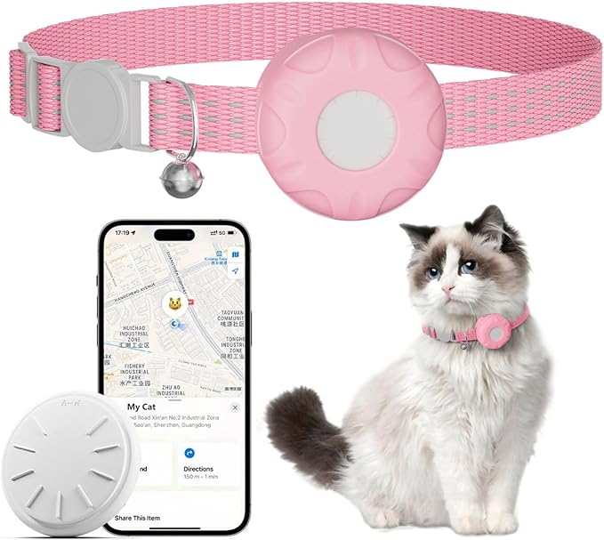 Cat Tracker,No Monthly Fee GPS Trackers for Cats Work with Apple Find My App(iOS Only),Real-Time Location Tracking,Cat Tracker GPS Collar with Safety Elastic Buckle-Pink