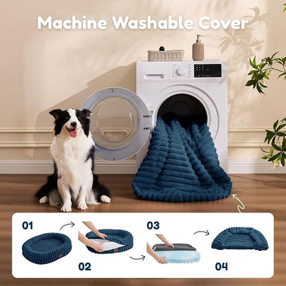 ChiXnuggle XL Dog Bed - Luxury Striped Faux Fur Waterproof Pet Couch with Removable Washable Cover, Orthopedic Dog Bed with Bolster Sides for Sleeping, Midnight Blue