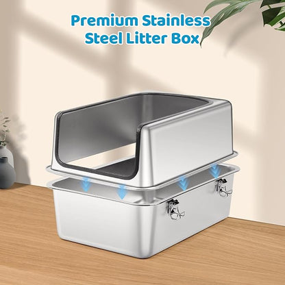 Stainless Steel Cat Litter Box, 19.7" L x 13.8" W x 11.8" H Large Semi Enclosed Removable Metal Litter Tray with High Sided Enclosure, Scoop, Anti-Leakage, Non-Sticky, Easy Cleaning