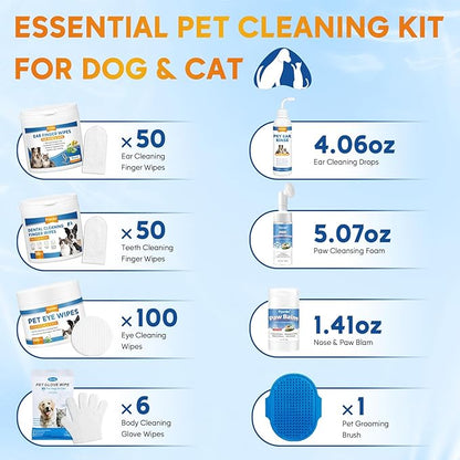 Pjordo Dog Wipes Cleaning Deodorizing, Grooming Wipes & Paw Cleaner, Pet Cleaning Kit for Teeth, Ears, Eyes, Paw, Body, Ear Rinse, Essential Dog Supplies Set
