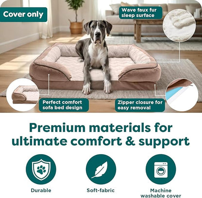 FurHaven Dog Bed Cover Replacement, Sofa-Style Design with Soft, Breathable Fabric for Cozy Comfort, Machine Washable, Jumbo Plus XXL, Plush & Velvet Waves, Brownstone