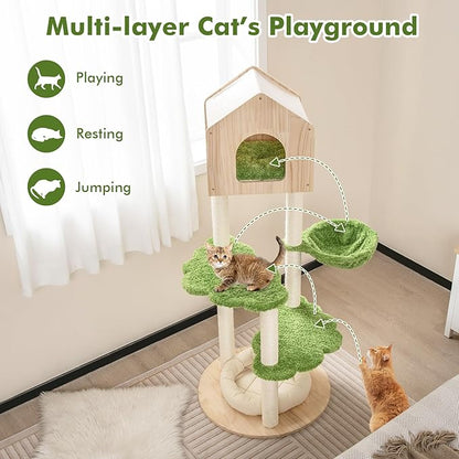 Tangkula Cat Tree Tower, Multi-Level Modern Wood Cat Tower with Sisal Scratching Posts, Jumping Platforms, Perch, Hammock, Cute Cat Condo, Tall Cat Tree for Indoor Cats Large Adult (55 Inch)