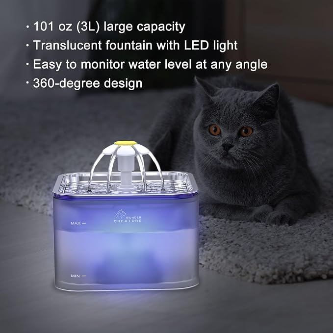 Wonder Creature Crystal Cat Water Fountain Stainless Steel Lid, 101oz/3L | Pet Fountain with Transparent Base, Quiet Pump, LED Indicator Light, Triple Filtration, 3 Flow Modes for Cats and Dogs