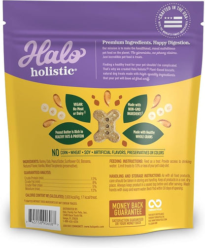 Halo Holistic Vegan Dog Treats, Plant-Based Dog Treat with Oats, Peanut Butter & Banana, Vegan Treat Pouch, 8 Oz bag