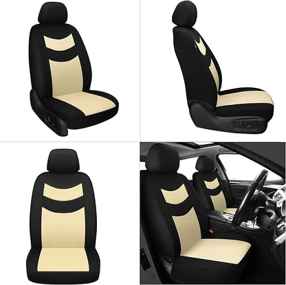 Universal Car Seat Covers for Front Seats, Cloth Front Car Seat Cover, Easy to Install, Breathable and Washable Universal Interior Covers for Auto, SUV, Sedan, Van, Airbag Compatible, Black & Beige