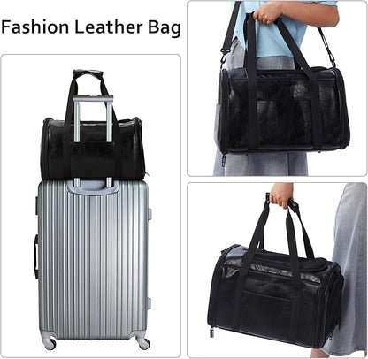 Lasaviin Fashion Leather Dog Carrier Cat Carrier Airline Approved Pet Carrier for Small Medium Dogs Cats Under 15Lbs, Collapsible Soft Sided Travel Puppy Carrier