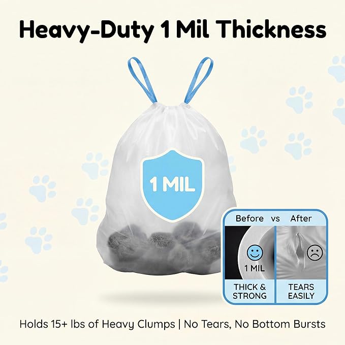 Cat Litter Box Liners 45 Count, 1 Mil Thick Drawstring Bags for Automatic Litter Boxes, No Leak, No Tear, Easy Clean & Odor Control (24.8" x 14.5")