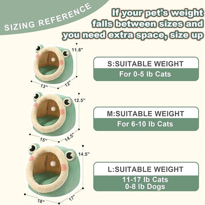 Jiupety Cute Cat Bed, Indoor Lovely Velvet Igloo for Cat, Warm Cave Sleeping Nest Bed for Puppy and Kitten, Green Frog, S