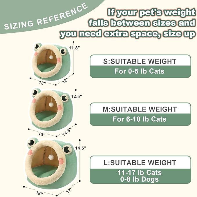 Jiupety Cute Cat Bed, Indoor Lovely Velvet Igloo for Cat and Small Dog, Warm Cave Sleeping Nest Bed for Puppy and Kitten, Green Frog, M
