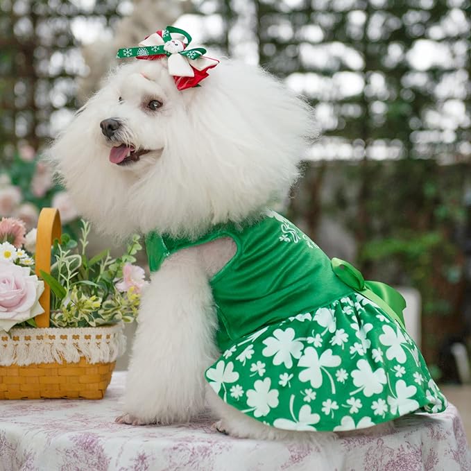 CuteBone St.Patrick's Day Dog Green Dress Velvet for Small Dogs Girl Puppy Dresses Clover Dog Clothes CVA14S-D