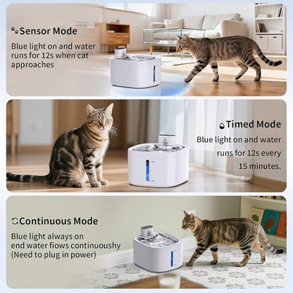 Cat Water Fountain Wireless: 118oz/3.5L Battery Operated Pet Water Fountain for Cats Indoor with Motion Sensor, Quiet Automatic Fountain with Stainless Steel Tray(8Filters)