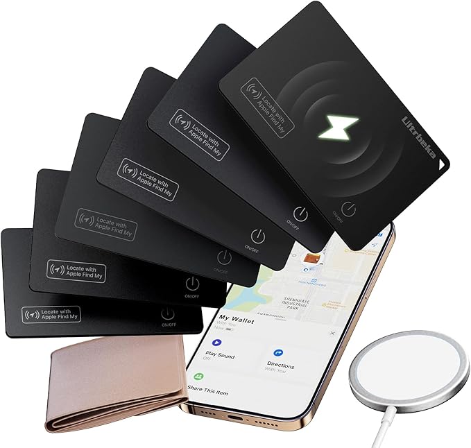 Ultrbeka Wallet Tracker Card IP68 Waterproof Bluetooth Tracker for Wallets, Passport, Work with Apple Find My, Wireless Charging, iOS Only [Apple MFi Certified]- 6pcs / 1* Wireless Charger