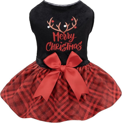 CuteBone Christmas Dog Dresses Velvet Holiday Small Dogs Clothes Onesie Pet Apparel Girl Puppy Skirt with Bow Hair Rope CVA59S-D
