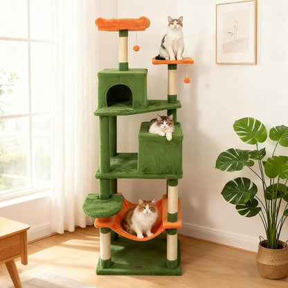 DORTALA 75" Tall Modern Cat Tree, Multi-Level Cat Tower with Large Condos, Sisal Scratching Posts, Top Perch, Hammock, Dangling Balls, Kitten Beds & Climbing Furniture for Indoor Cats (Green & Orange)