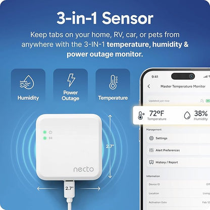 Necto RV Pet Temperature Monitor - No WiFi Required - Remote Power Outage & Temp Sensor with App Alerts. Cellular Monitoring System for Home Safety & Server Room (1 Year Subscription Included)