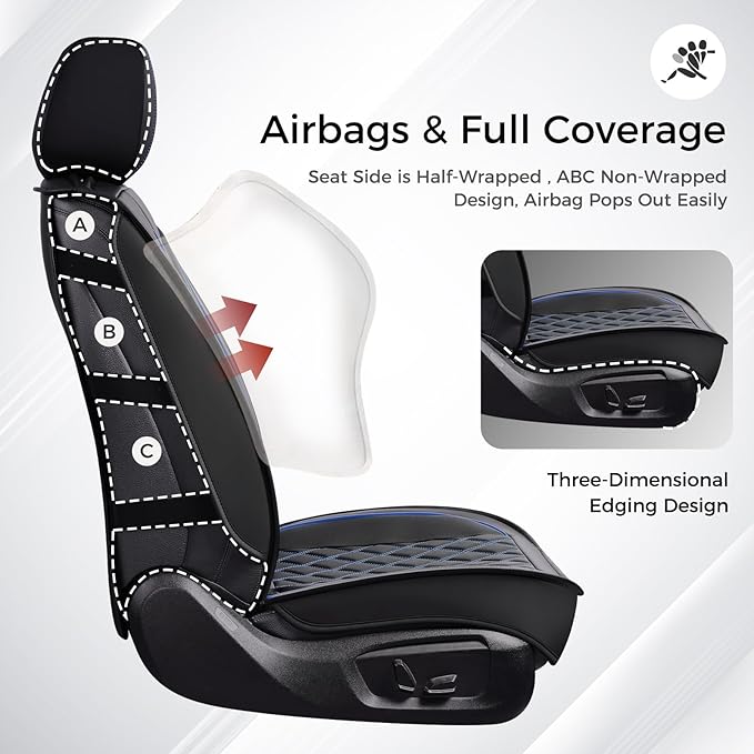 Huidasource Seat Covers Full Set, Nappa Leather Seat Cover, Hollowed-Out Side Compatible with Airbags Child Seat, Velcro Adjustable Universal Fit for Most Cars Vans Trucks SUVs (Full Set/Black＆Blue)