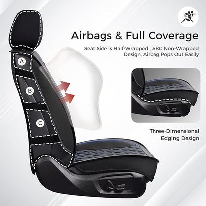 Huidasource Seat Covers Full Set, Nappa Leather Seat Cover, Hollowed-Out Side Compatible with Airbags Child Seat, Velcro Adjustable Universal Fit for Most Cars Vans Trucks SUVs (Full Set/Black＆Blue)