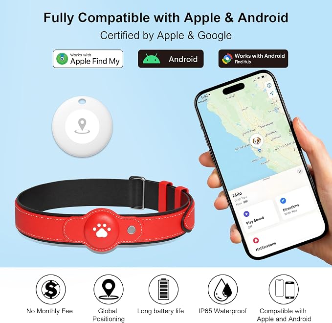 2-in-1 GPS Tracker for Dogs: Smart Pet Collar with Real-Time Tracking,No Monthly Fee/Subscription (iOS Only) Waterproof, Anti-Lost,365-Day Long Battery Life GPS Tracker Dog Collar(Tracker Included)
