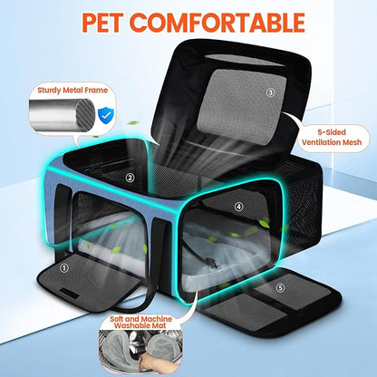 Petskd Top and Side Expandable Pet Carrier with Wheels 17x12x8.5 Inches JetBlue Frontier Spirit Airline Approved, Soft-Sided Carrier for Small Cats and Dogs with Locking Safety Zippers(Blue)